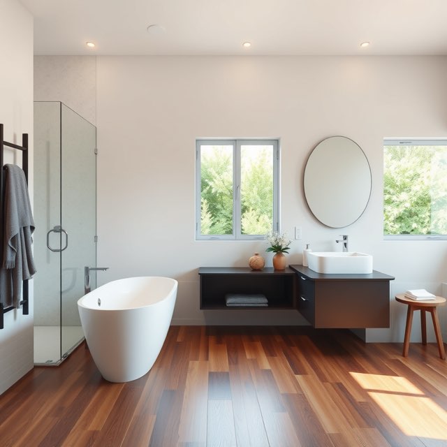 Modern bathroom with hardwood floors
