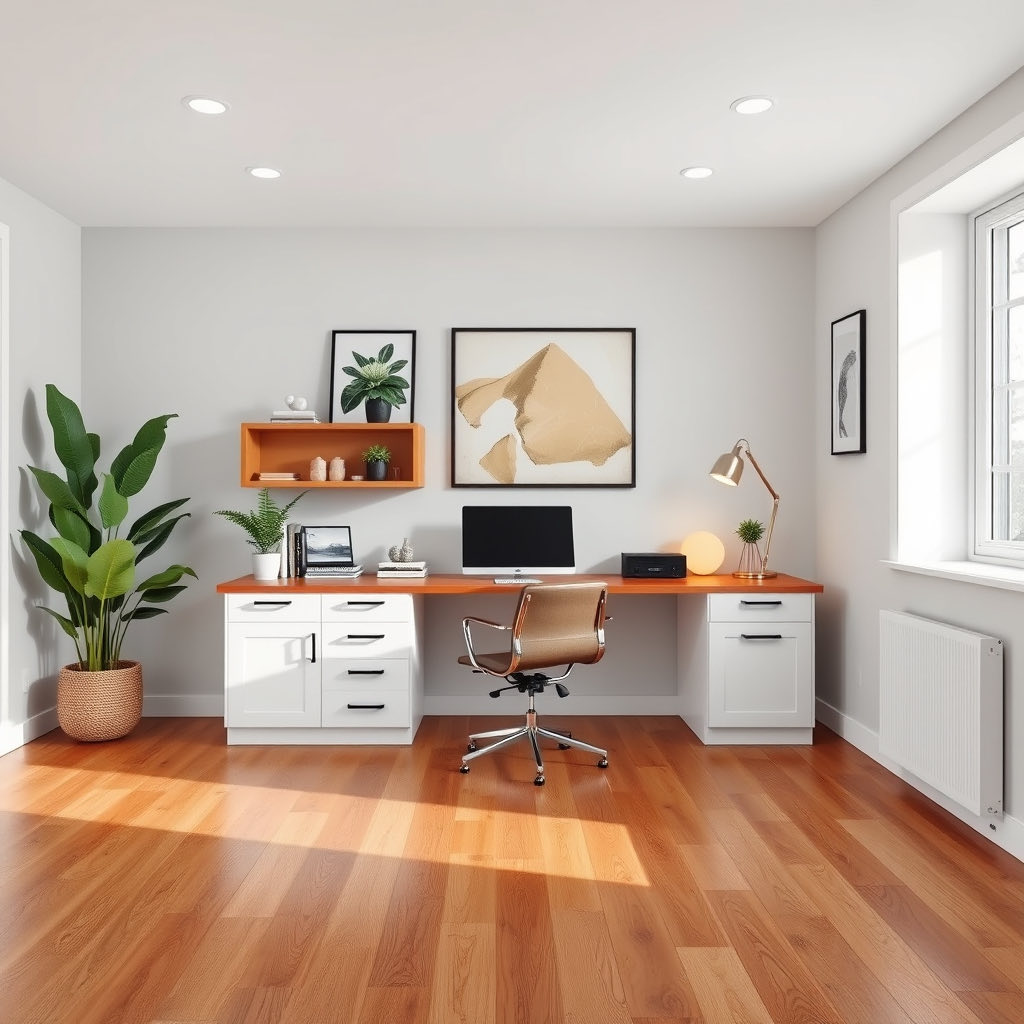 Bright home office and living space with hardwood floors