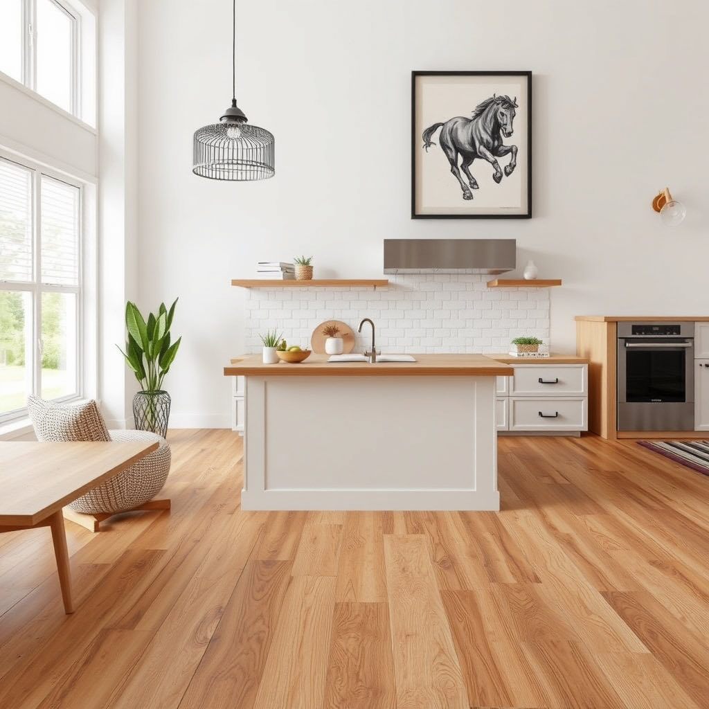 Bright kitchen and living area with light hardwood flooring