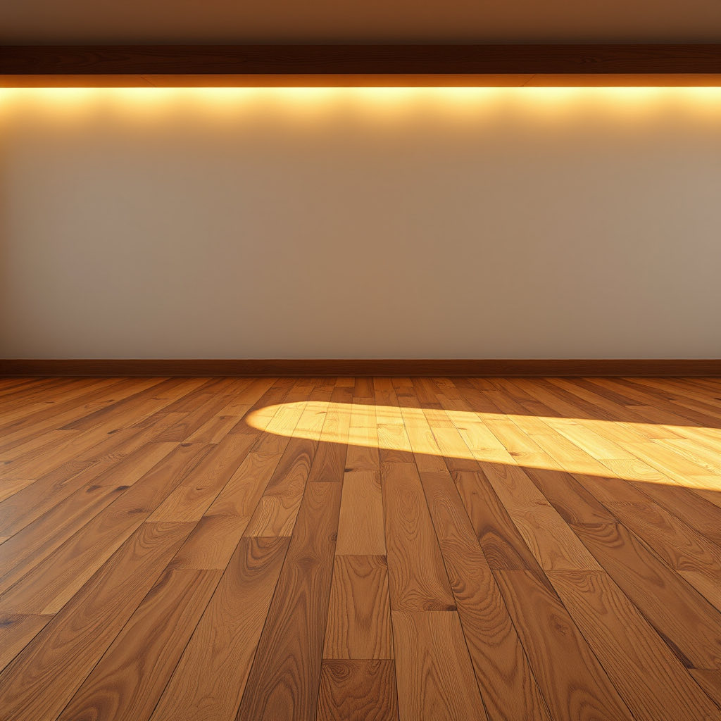 Warm-toned hardwood floor in an empty room with soft cove lighting