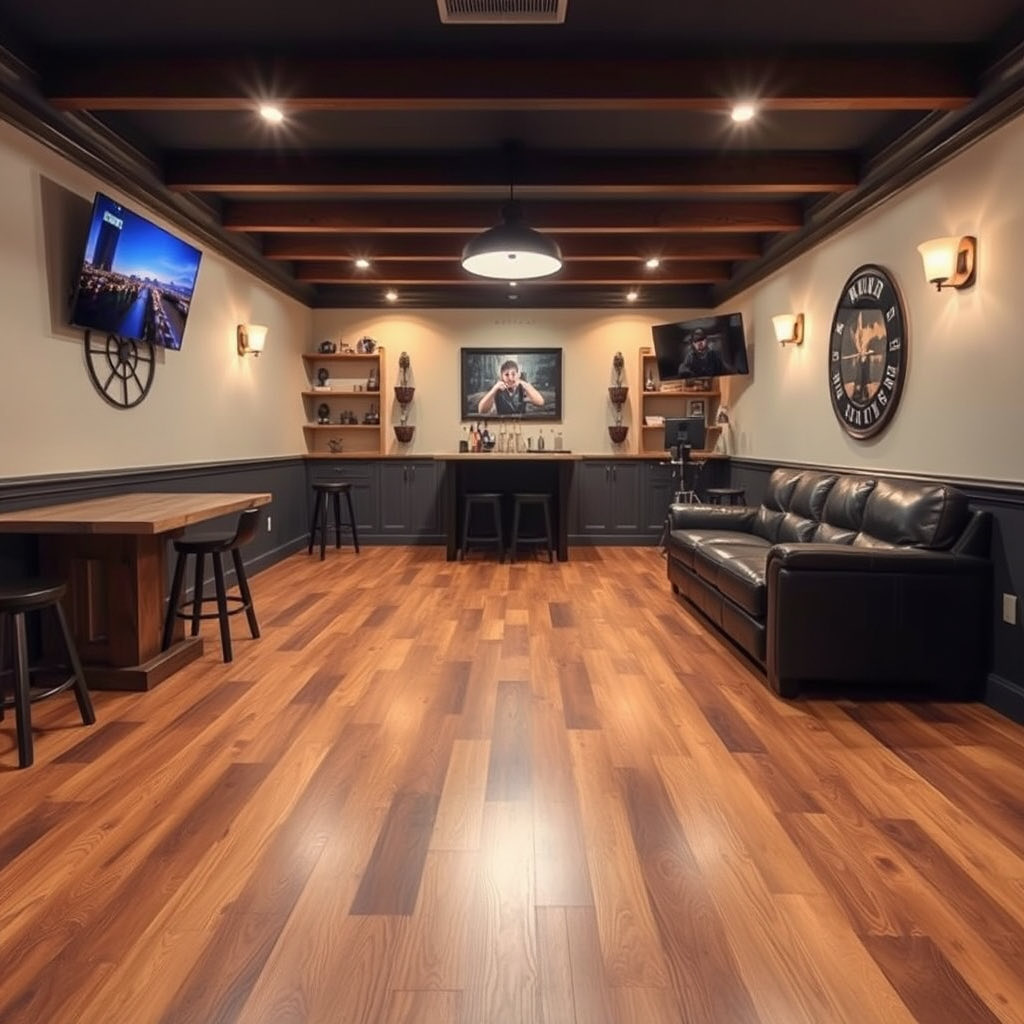 Basement man cave with hardwood floors, bar, and leather couch