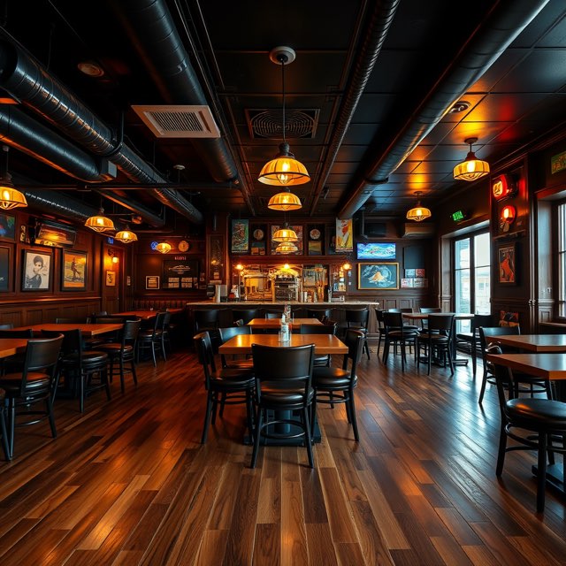 Restaurant interior with hardwood floors